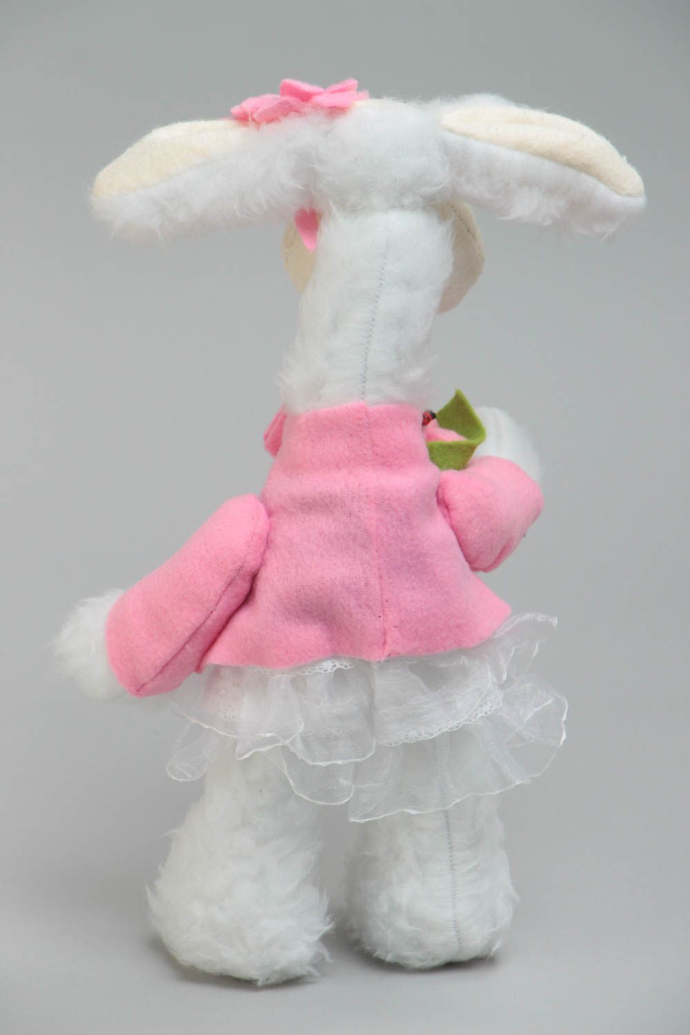 Handmade designer soft toy sewn of faux fur cute lamb girl in pink jacket photo 4
