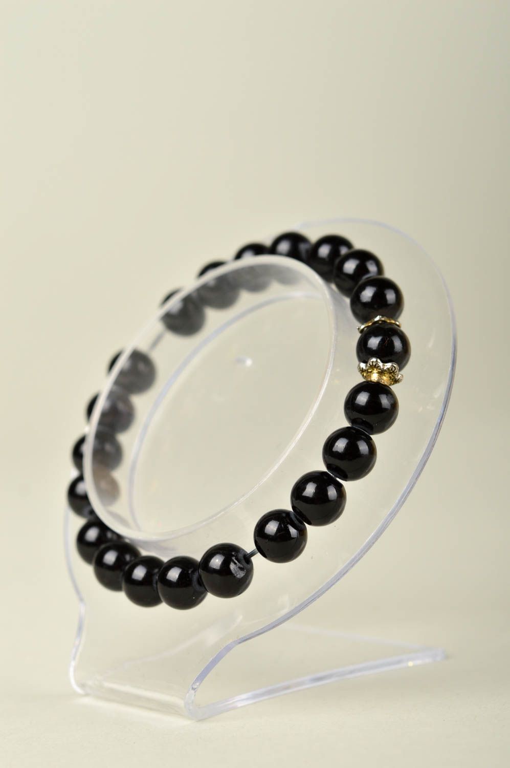 Handmade black beaded bracelet elegant wrist bracelet designer jewelry photo 2