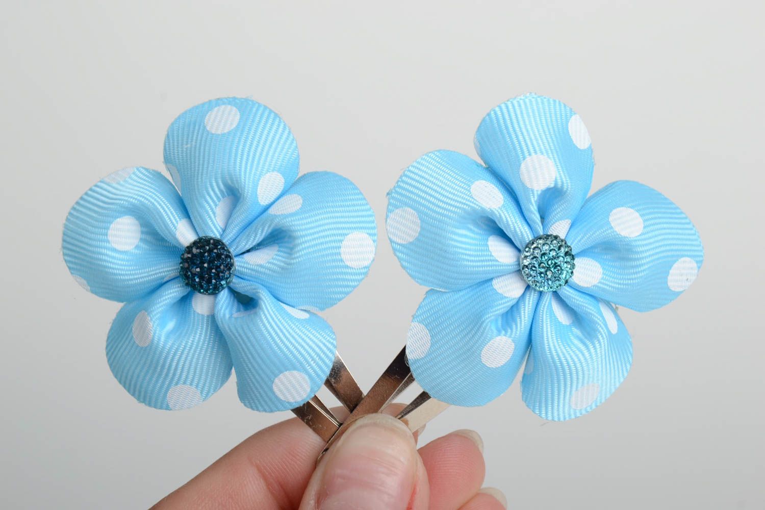 Set of 2 handmade hair clips with small blue dotted ribbon flowers for girls photo 5