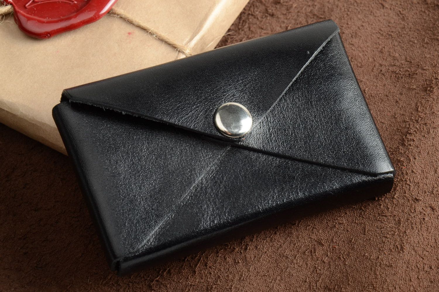 Handmade designer business cards holder sewn of black genuine leather for men photo 1