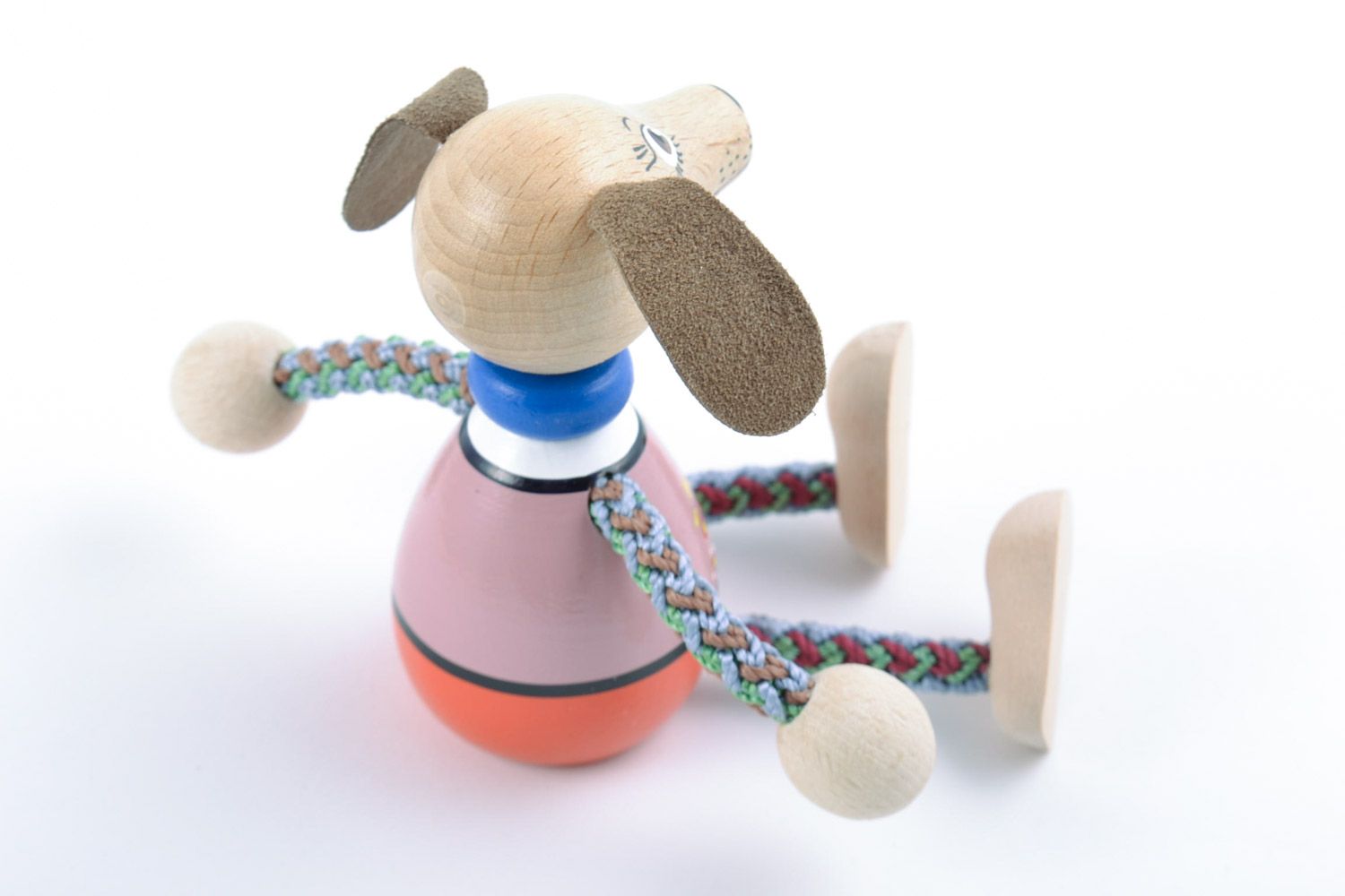 Homemade painted eco friendly wooden toy dog with cord paws for children photo 4