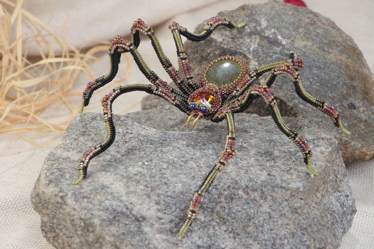 Handmade beaded spider figurine woven of beads with labradorite stone table decor photo 1