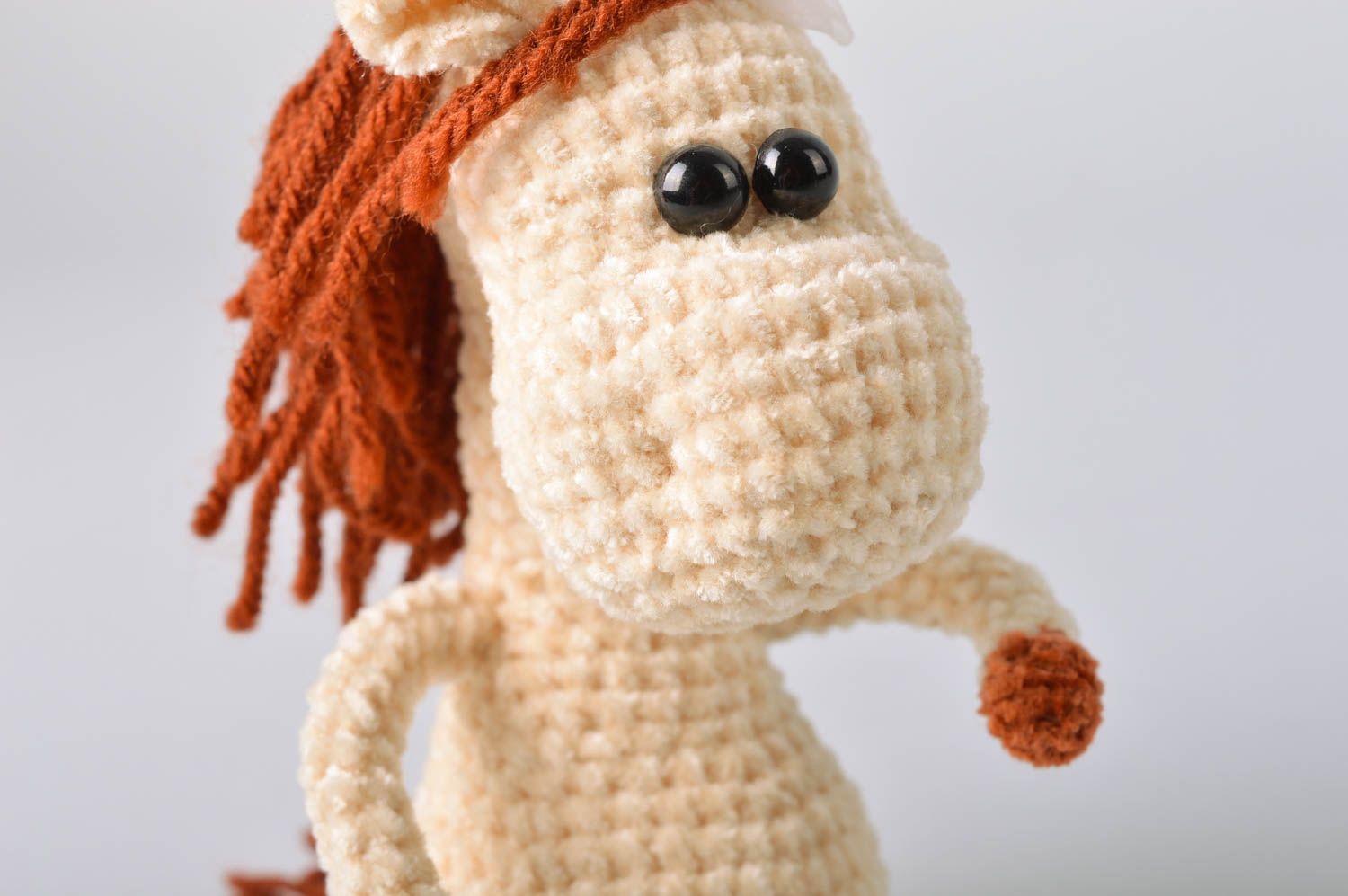 Handmade small soft toy crocheted of velour threads cute horse with brown mane photo 5
