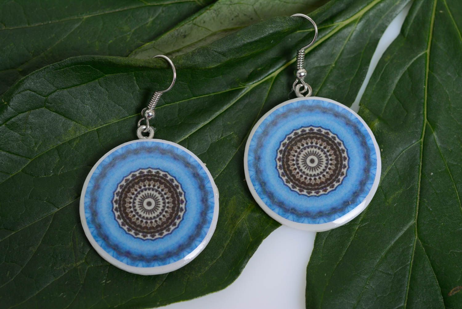 Earrings made of polymer clay with pattern round-shaped blue handmade jewelry photo 1
