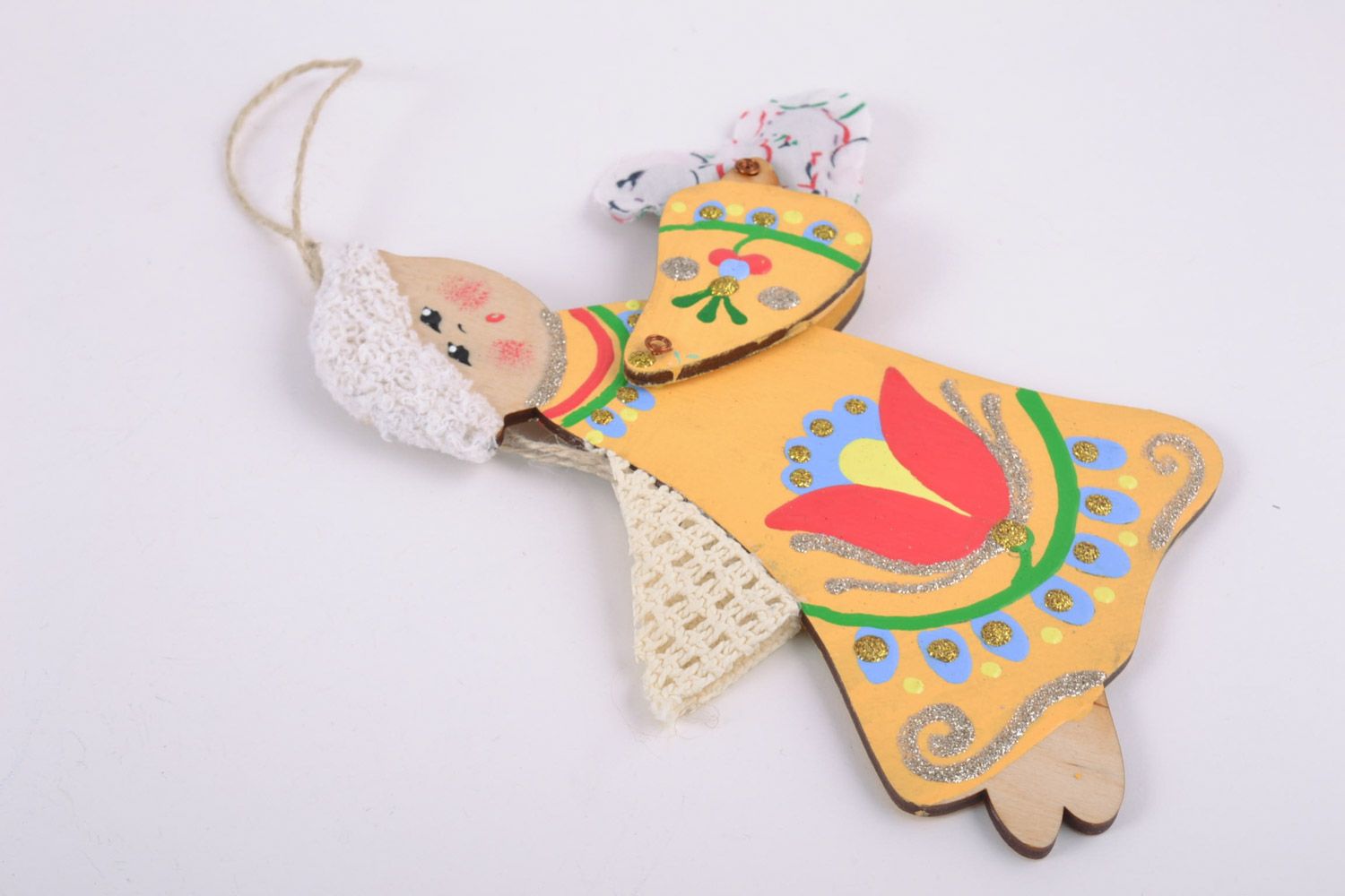Рождественский ангел с текстильным сердцем желтый с петелькой ручная работа фото 4