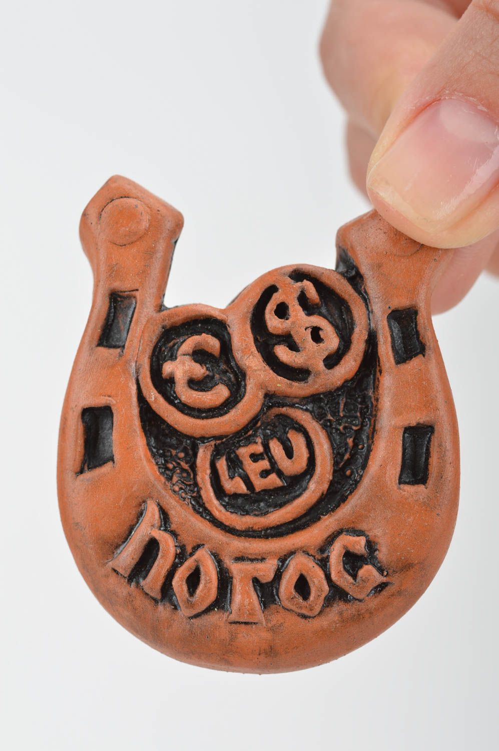 Handmade designer ceramic fridge magnet in shape of horseshoe for luck  photo 3