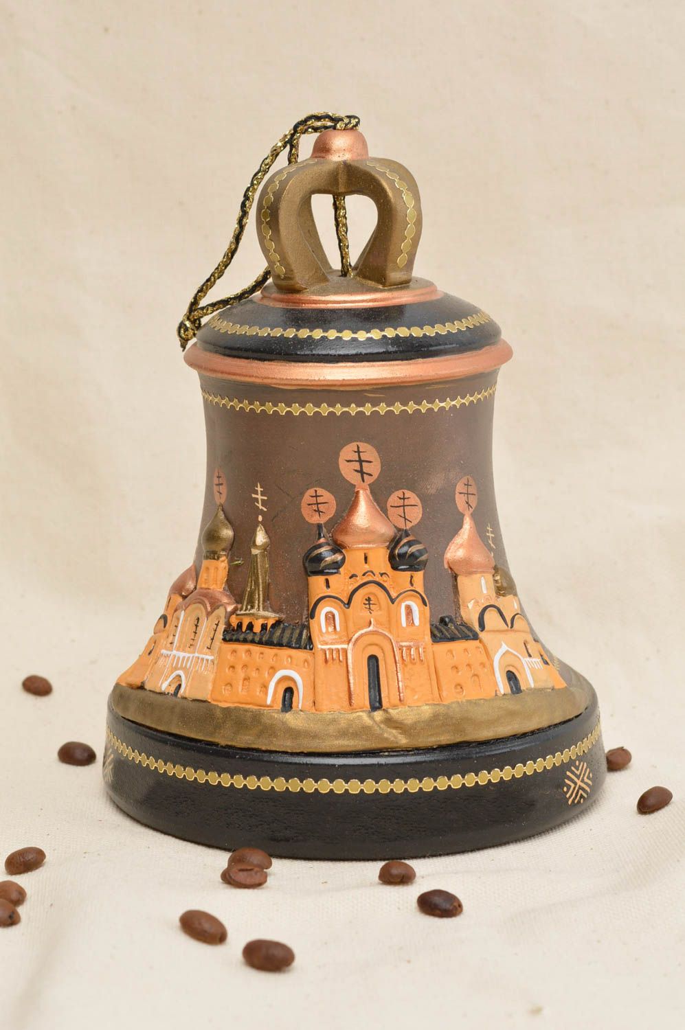 Глиняный церковный колокол расписной темно-коричневый красивый ручной работы фото 1