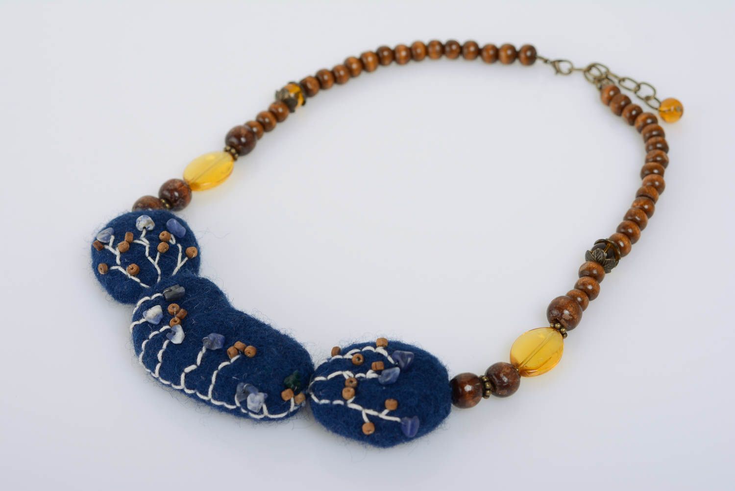Handmade designer necklace with blue wool felted and wooden beads for women photo 1