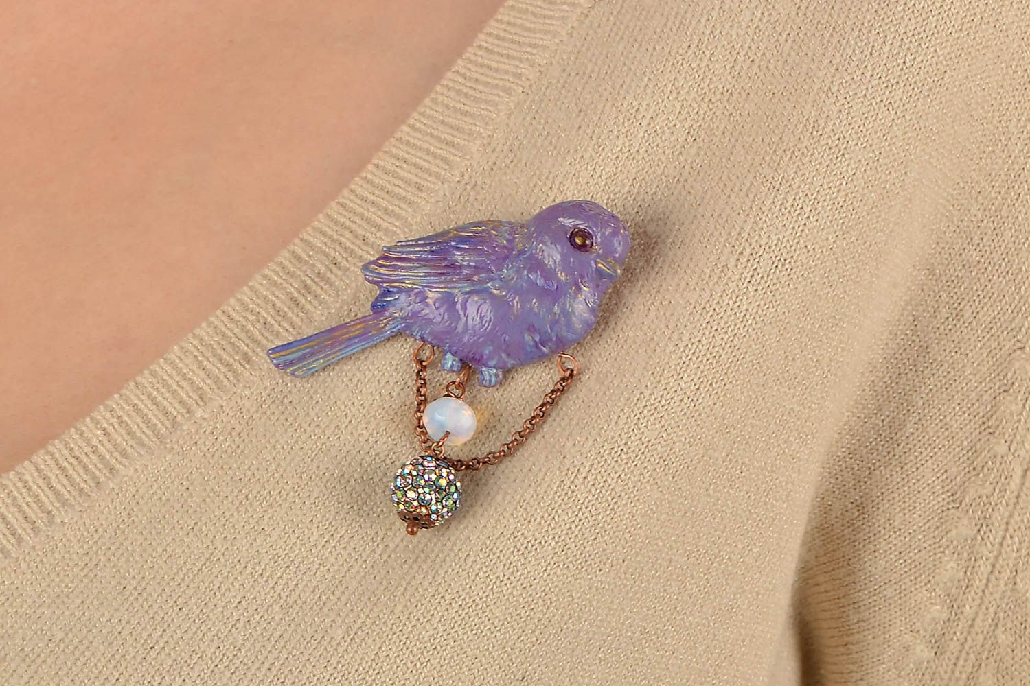 Brooch made of polymer clay with beads handmade purple unusual jewelry Bird photo 4