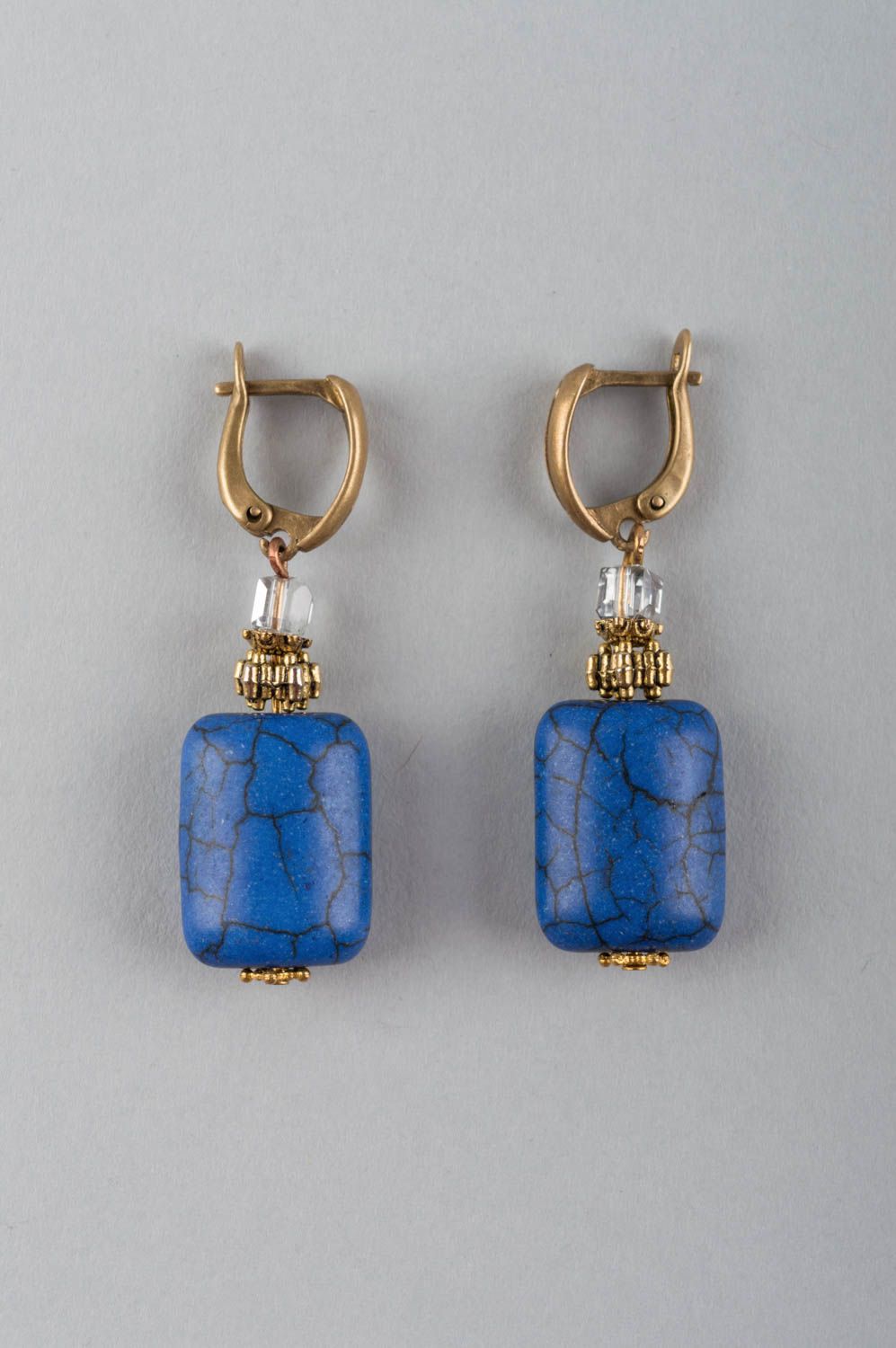 Designer beautiful evening blue handmade earrings made of howlite and brass photo 2
