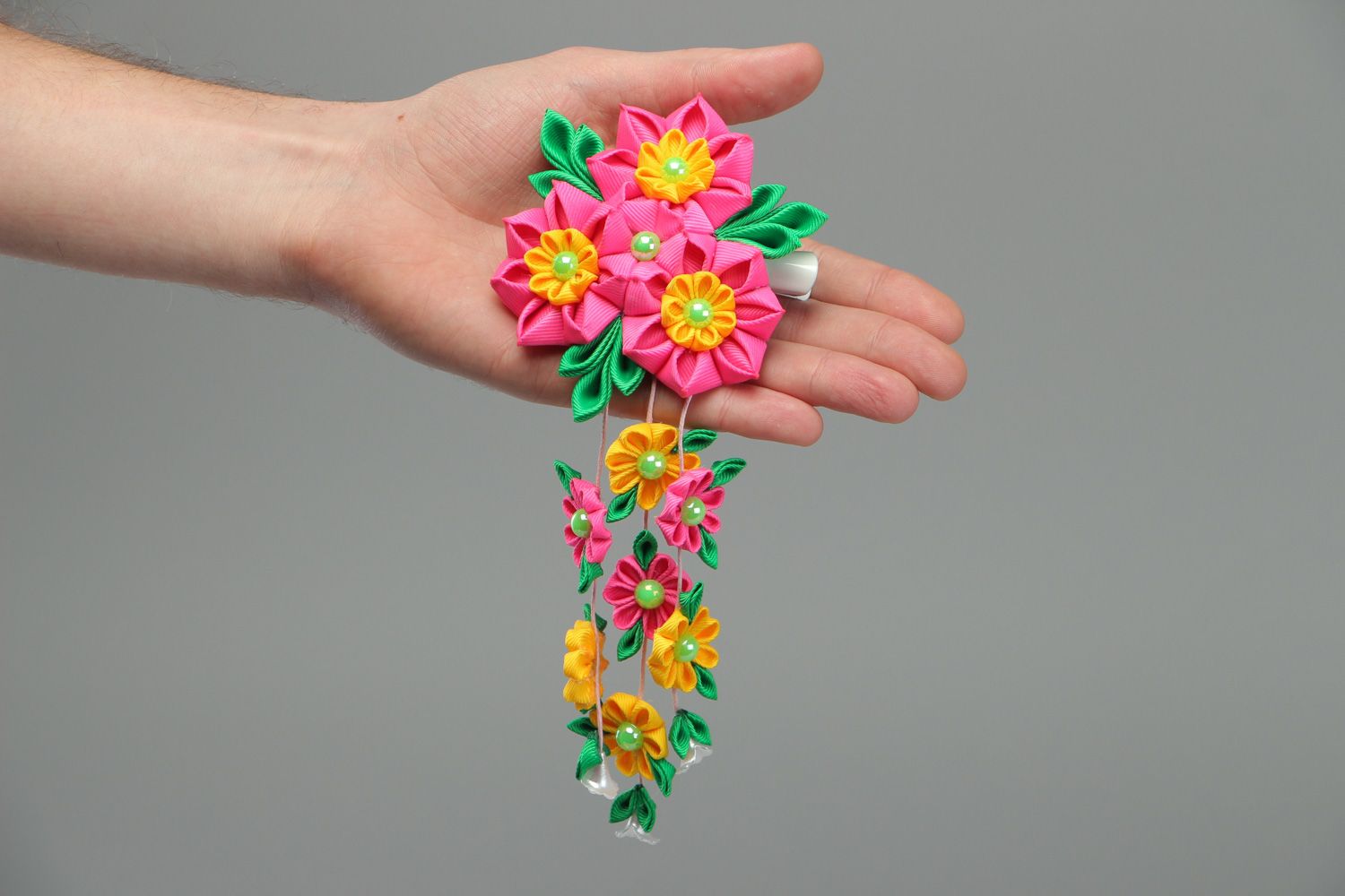 Bright colorful handmade hair clip with large ribbon flower and charms photo 4