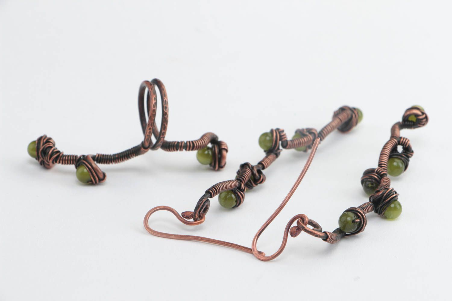 Handmade Schmuck Set Ohrringe und Ring aus Kupfer mit Stein in Wire Wrap 2 Stück foto 4