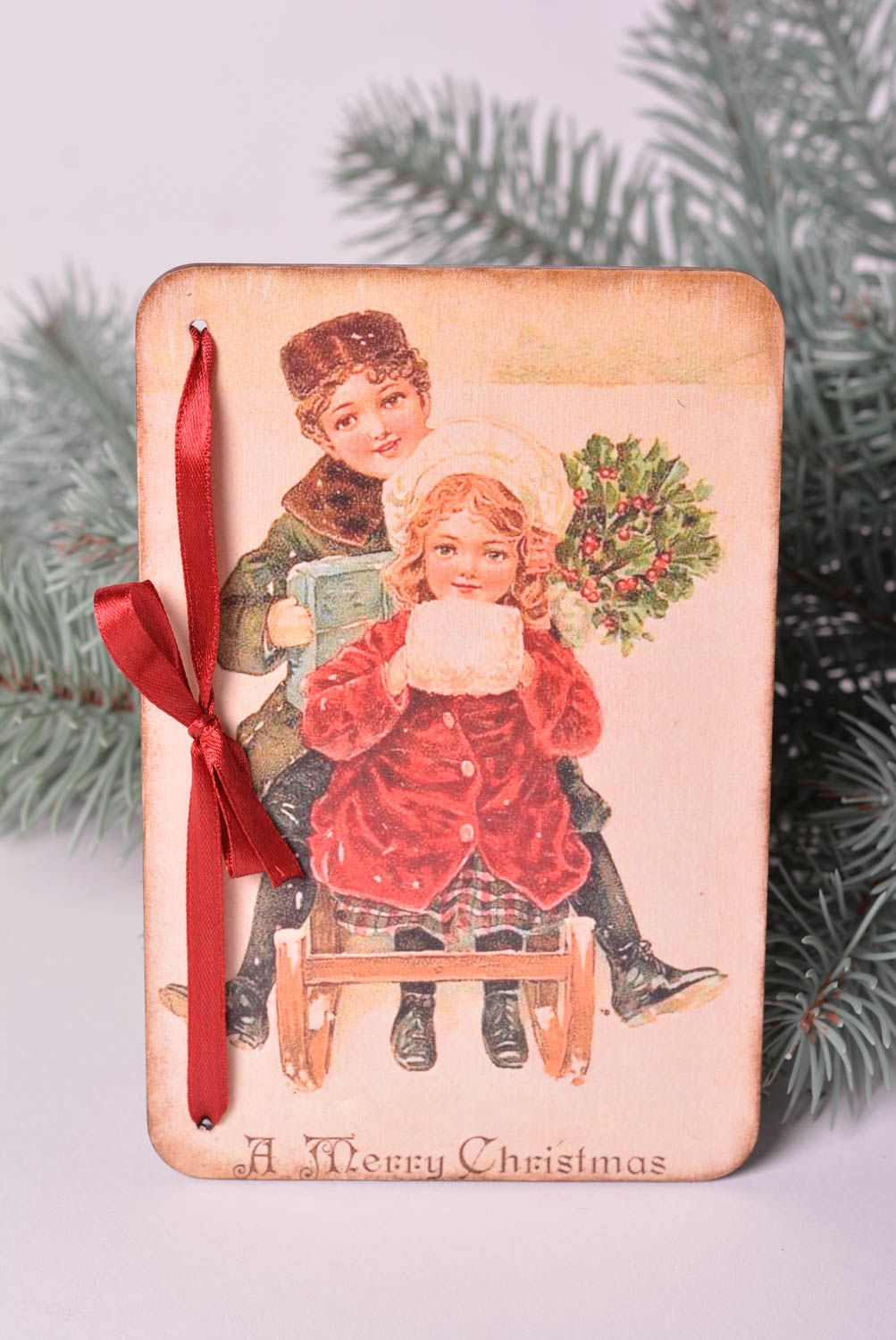 Handmade vintage cards Christmas decoupage card wood postcard New Year cards photo 1