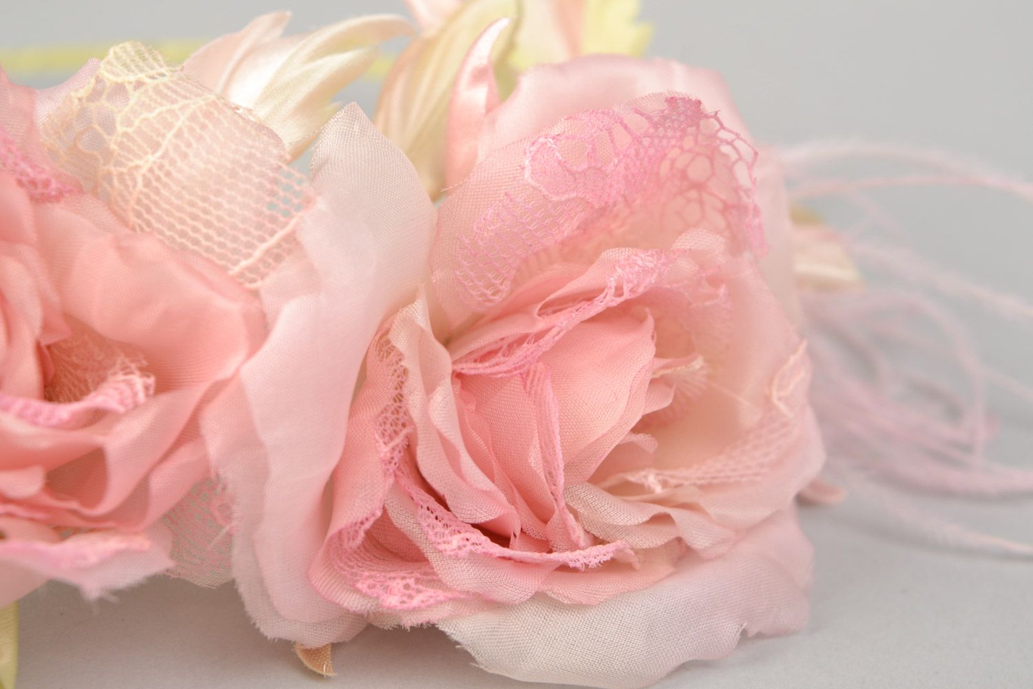 Handmade thin pink headband with volume flowers created of Japanese silk photo 4