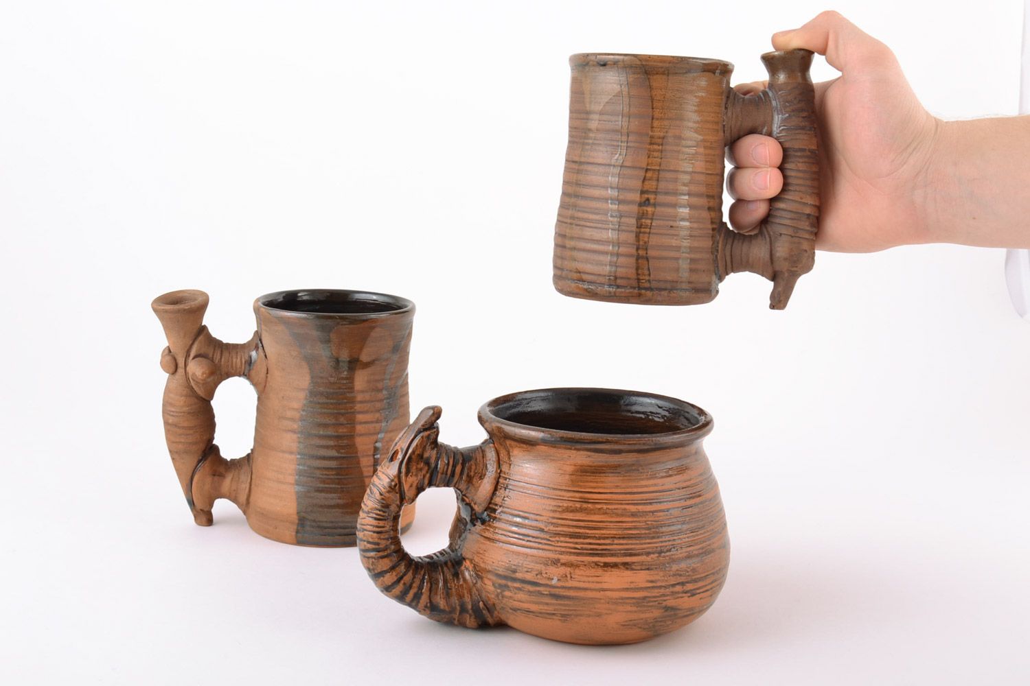 Set of three clay handmade brown drinking cups in different design and shape with handle, 8 oz. 10 oz, 12 oz photo 2