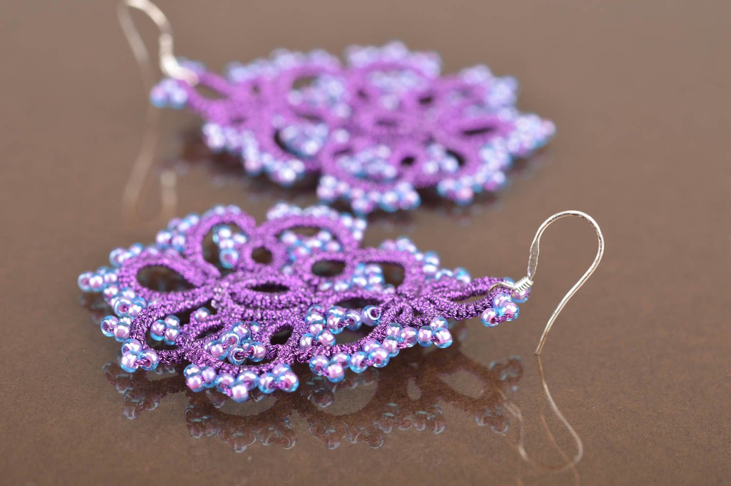 Unusual beautiful handmade designer lilac tatting lace earrings with beads photo 5