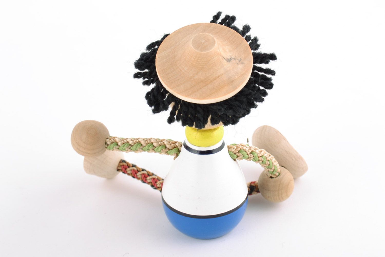 Painted homemade wooden eco friendly toy in the shape of boy with black hair  photo 5