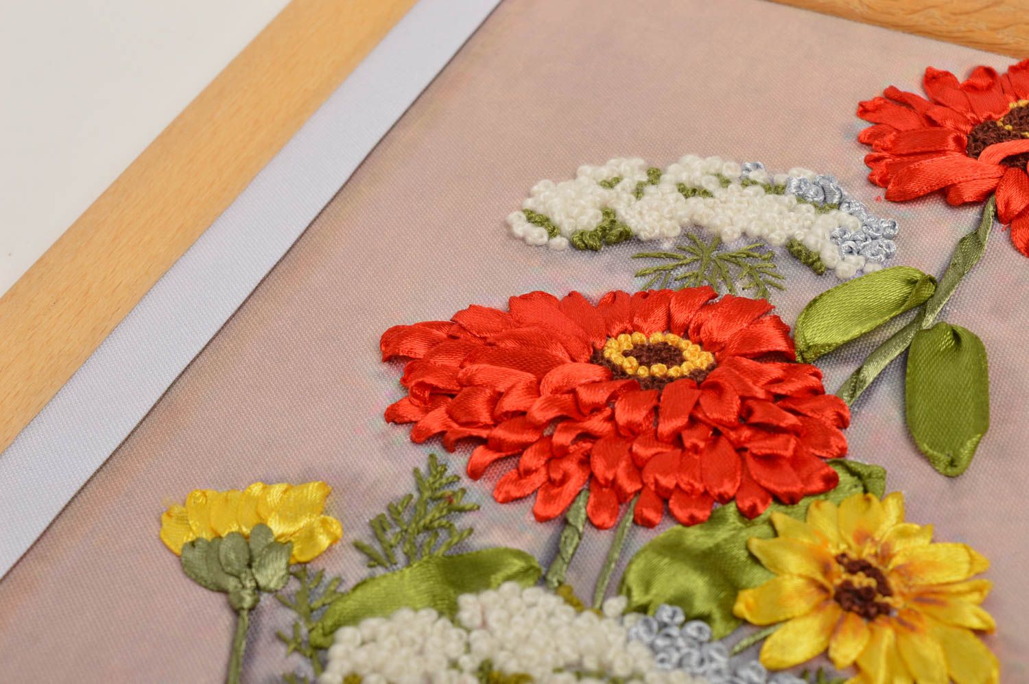 Tableau floral fait main Décoration murale broderie rubans de satin Déco maison photo 3
