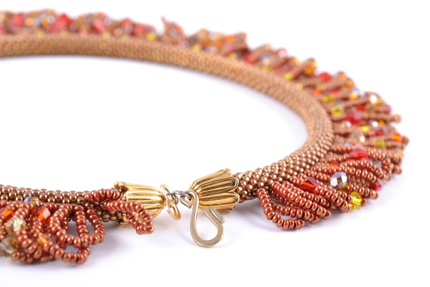 Massive handmade necklace woven of beads with fringe in warm color palette photo 5