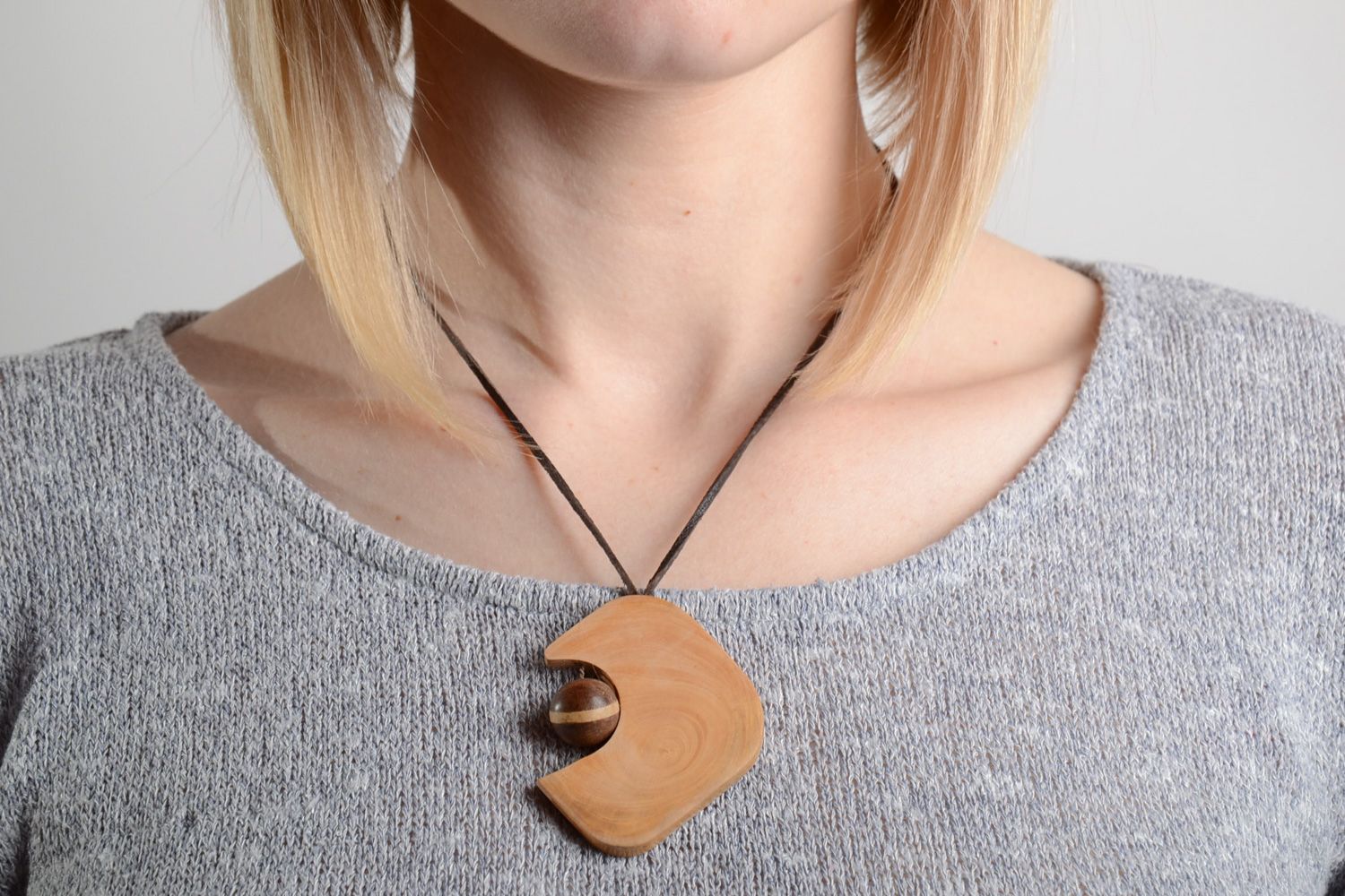 Unusual handmade tinted wooden neck pendant with bead and cord for women  photo 2