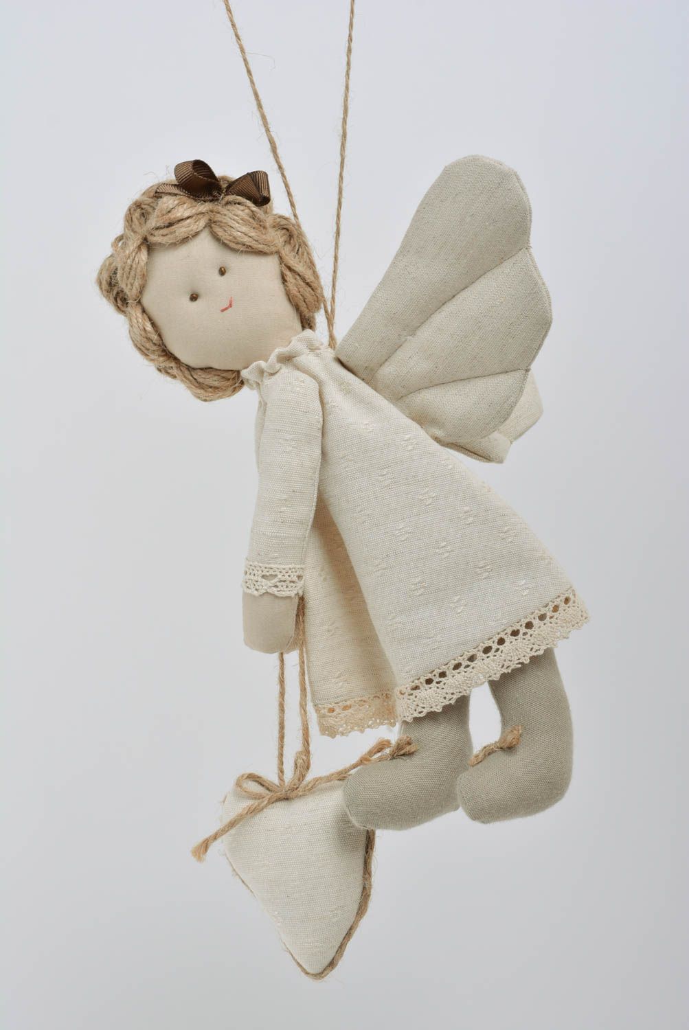 Handmade interior soft wall hanging sewn of cotton fabric Fairy in beige color photo 1