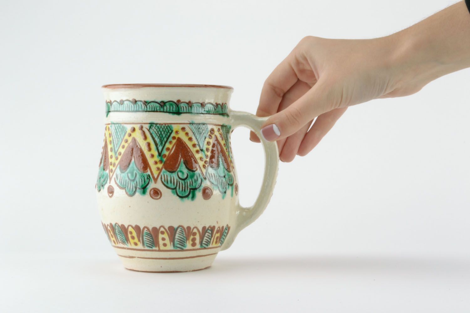 Decorative 8 oz clay cup in ethnic pattern with handle photo 2