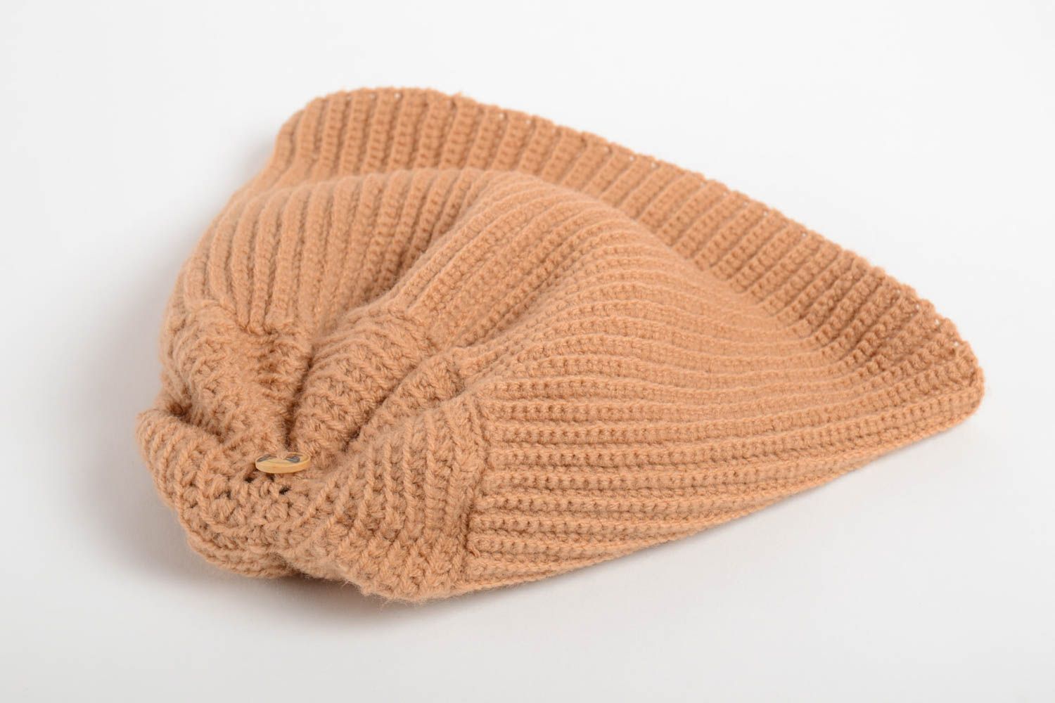Коричневая теплая вязаная шапка ручной работы из шерсти и акрила для женщин фото 5