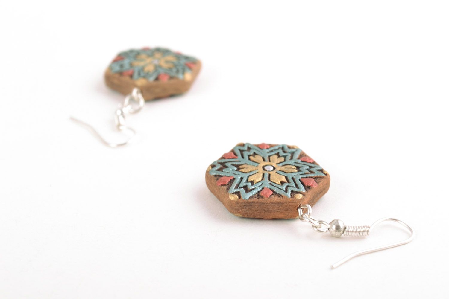 Handmade ceramic dangling earrings ornaments with acrylic paints in ethnic style photo 4