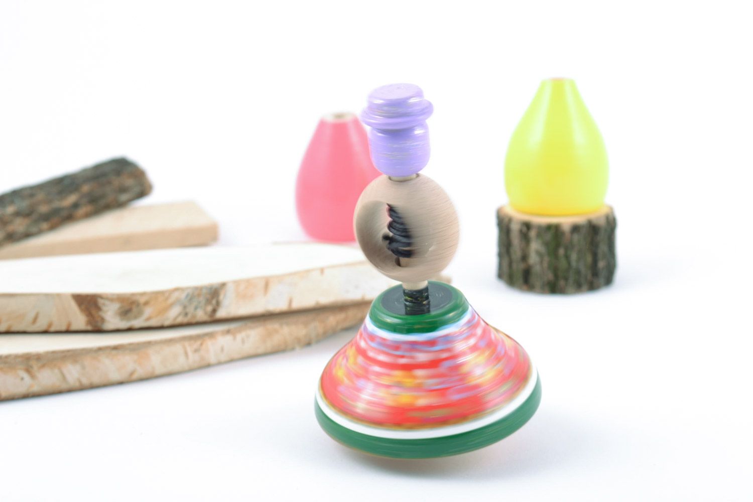Homemade bright painted educational wooden eco toy spinning top for children photo 1