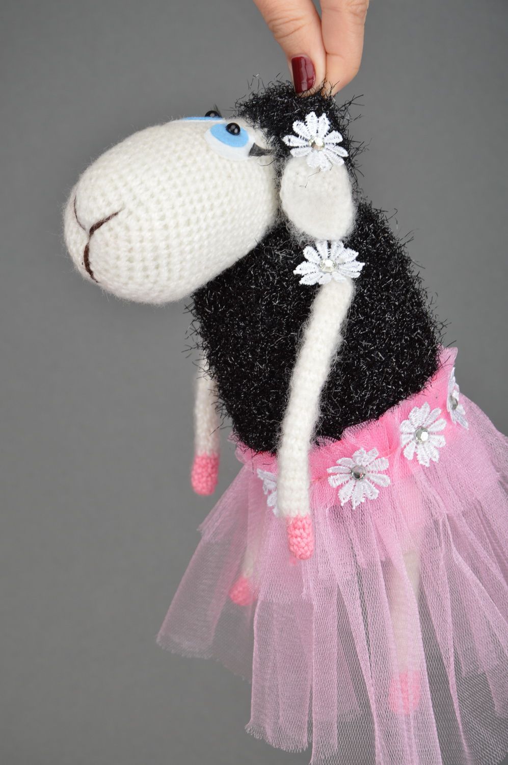 Handmade crocheted soft toy cute black and white lamb in pink tutu skirt photo 3