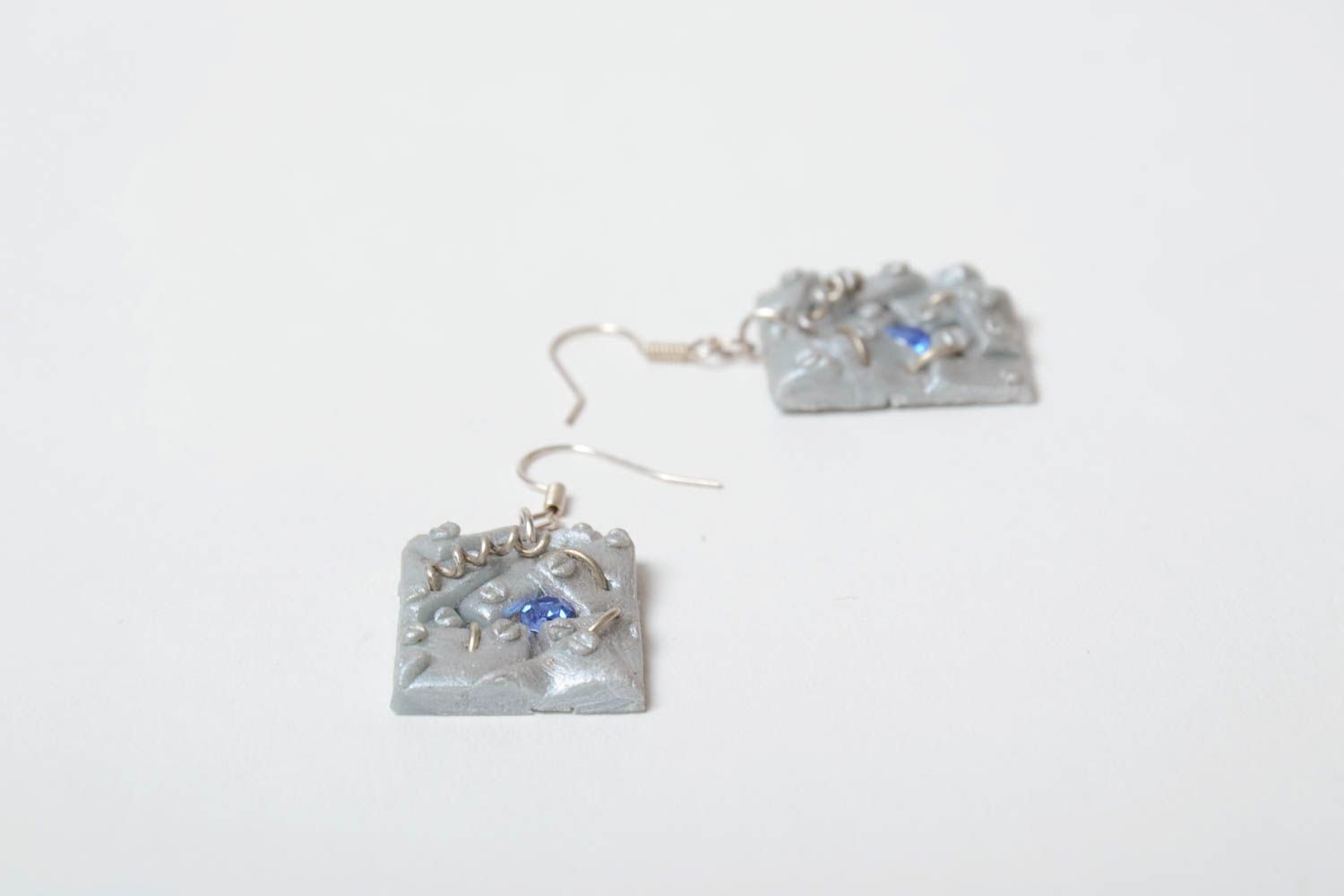 Beautiful handmade polymer clay earrings with strasses square gray designer photo 5