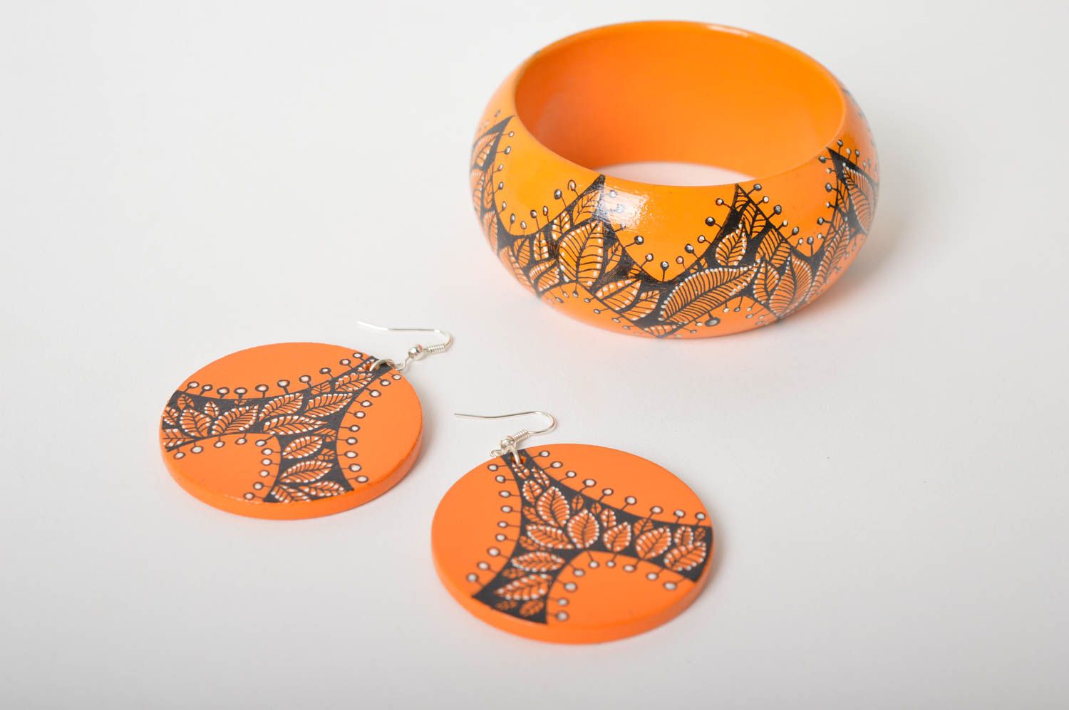 Grelles orange Schmuck Set handmade aus Holz Damen Ohrringe Schmuck Armband  foto 2