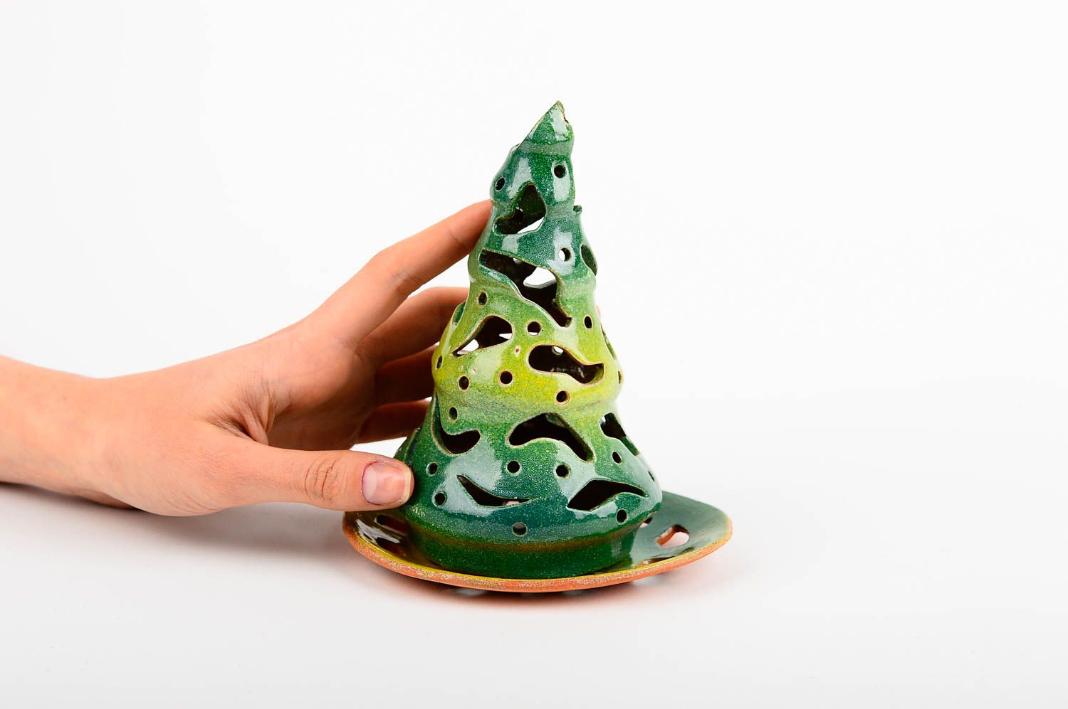 Зеленый подсвечник ручной работы декор для дома керамический подсвечник Елка фото 2