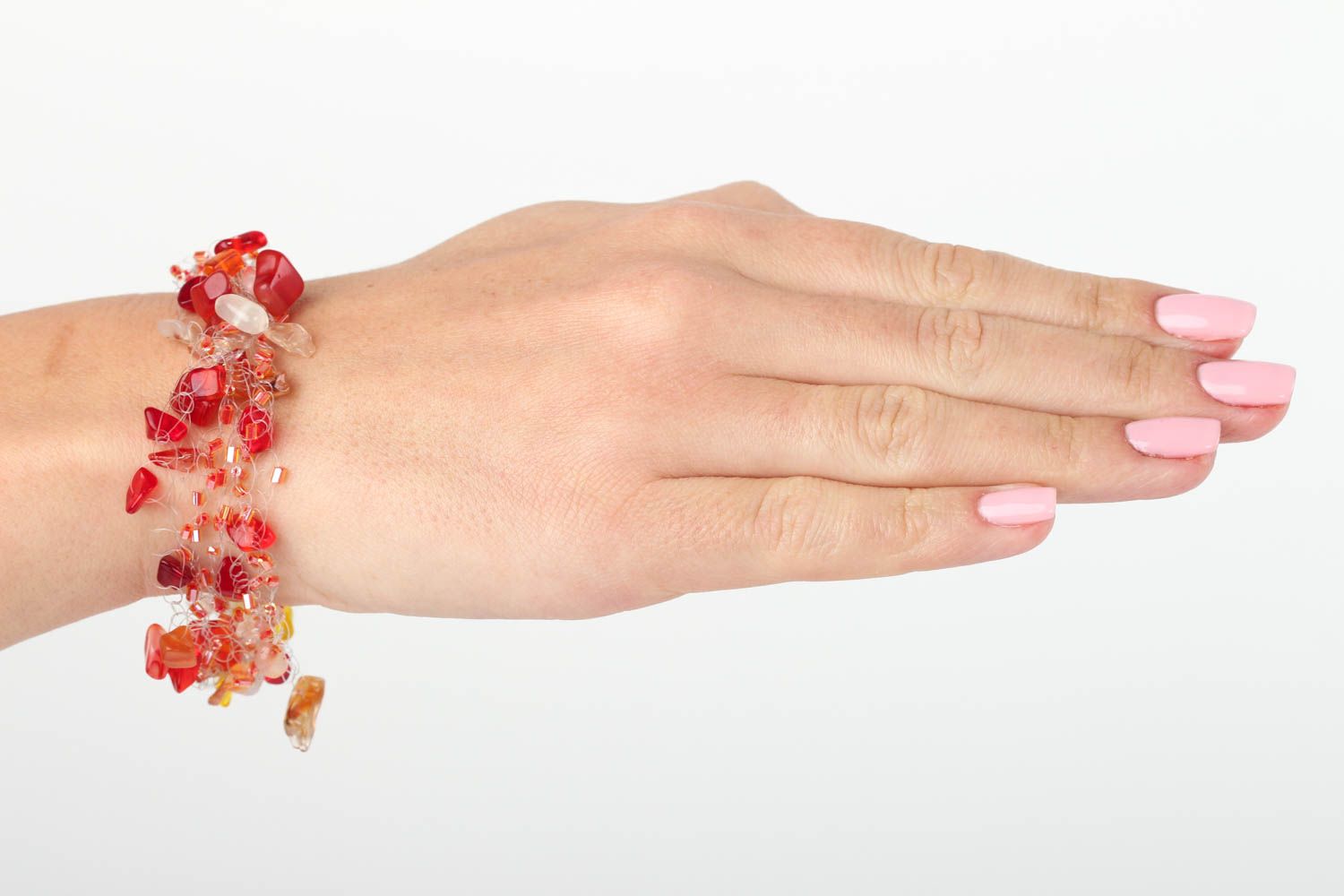 Airy beaded red and gold color natural sones bracelet for women photo 5