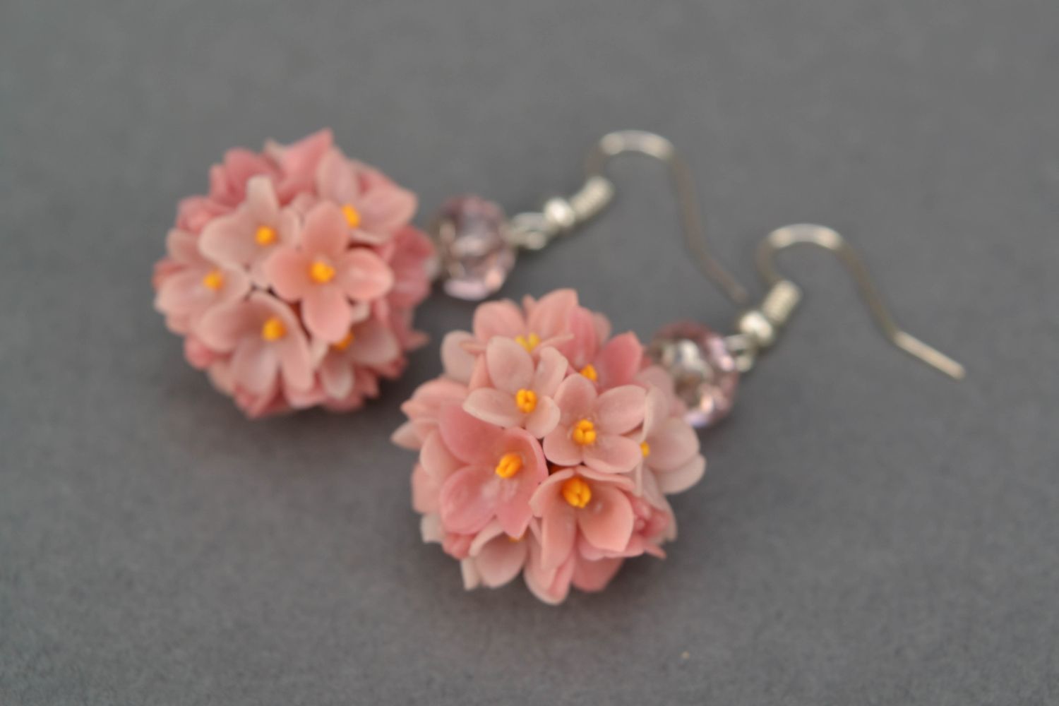 Long polymer clay earrings in the shape of flower bouquets photo 4
