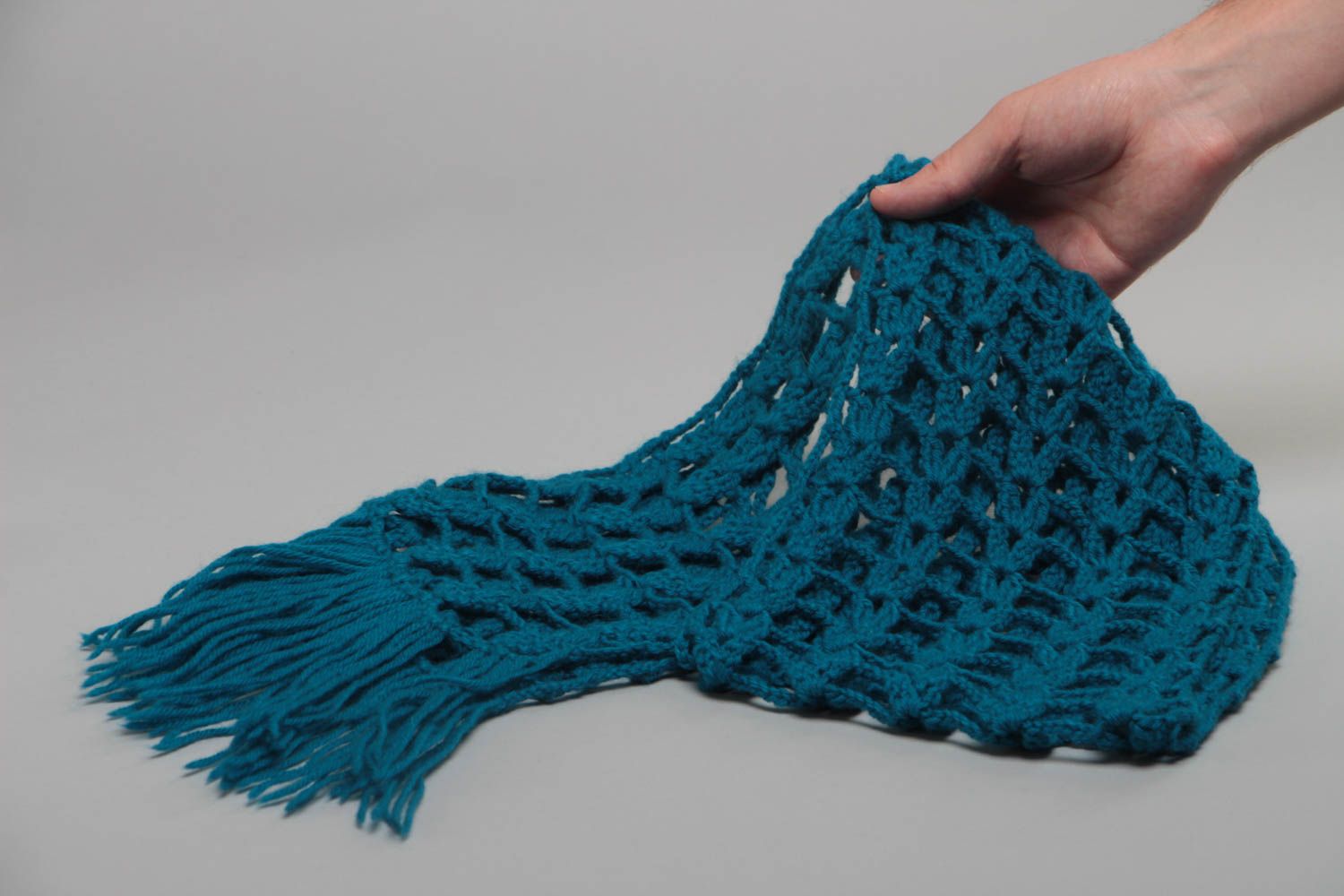 Stylish handmade long dark blue crochet wool scarf lacy photo 5