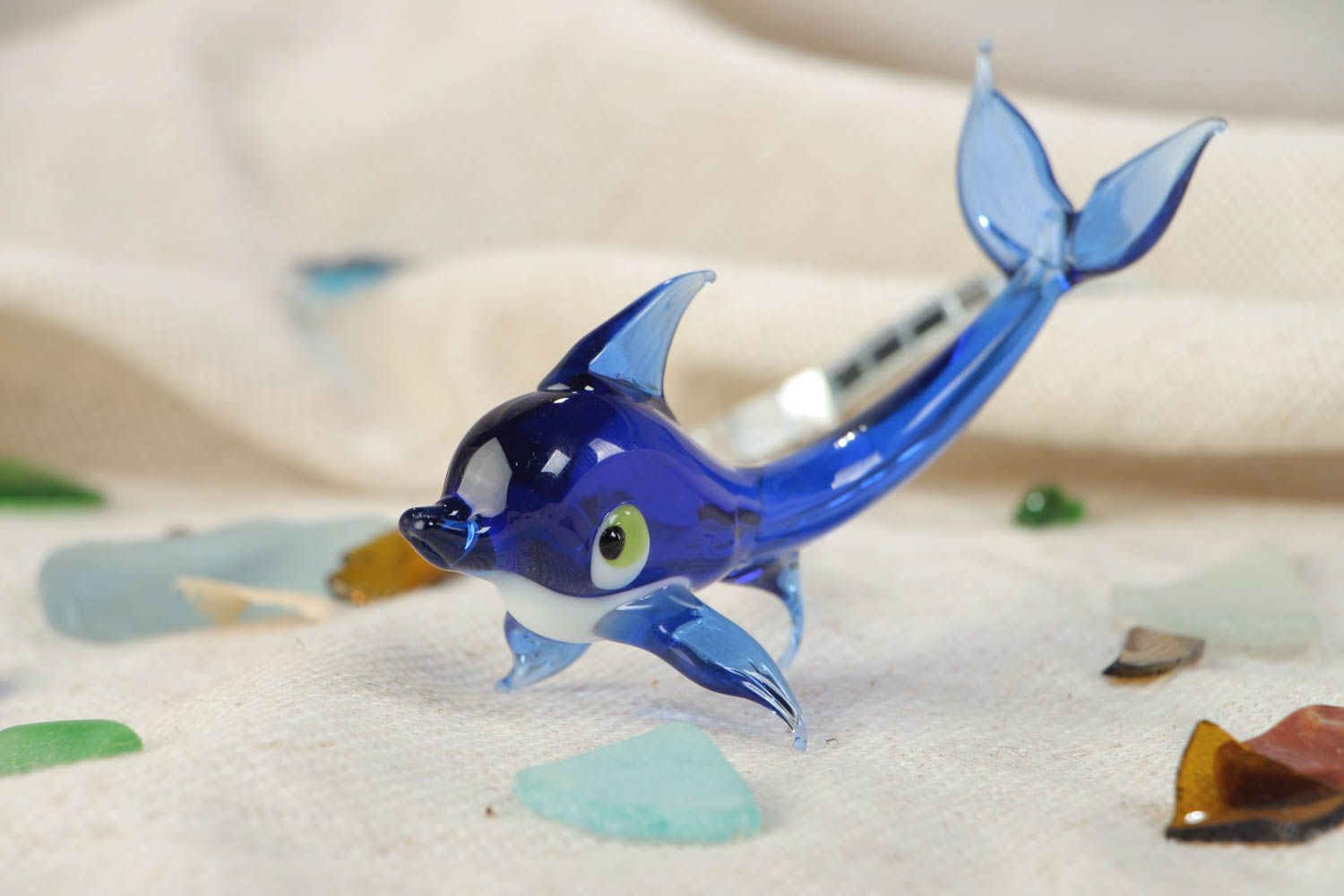 Glass handmade lampwork blue dolphin figurine lovely little unusual interior decor element photo 1