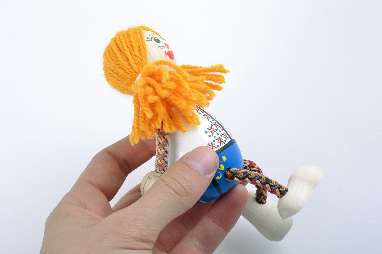 Handmade small painted wooden eco toy girl with bright yellow hair for kids photo 2