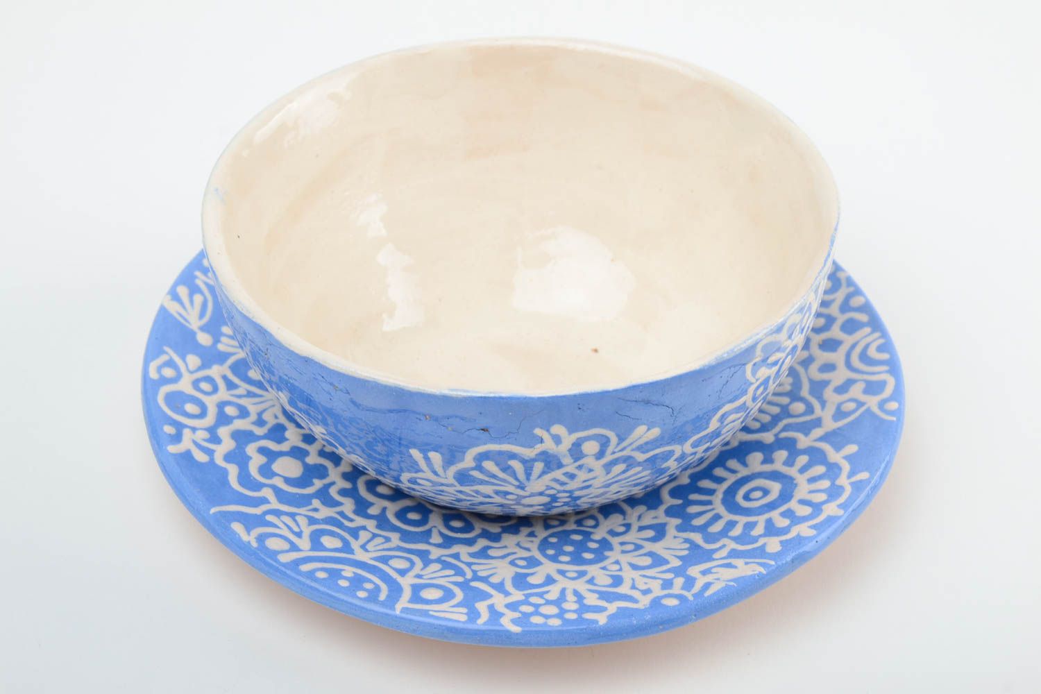 Handmade bowl with saucer for soup blue with white with patterns set of kitchen pottery photo 2