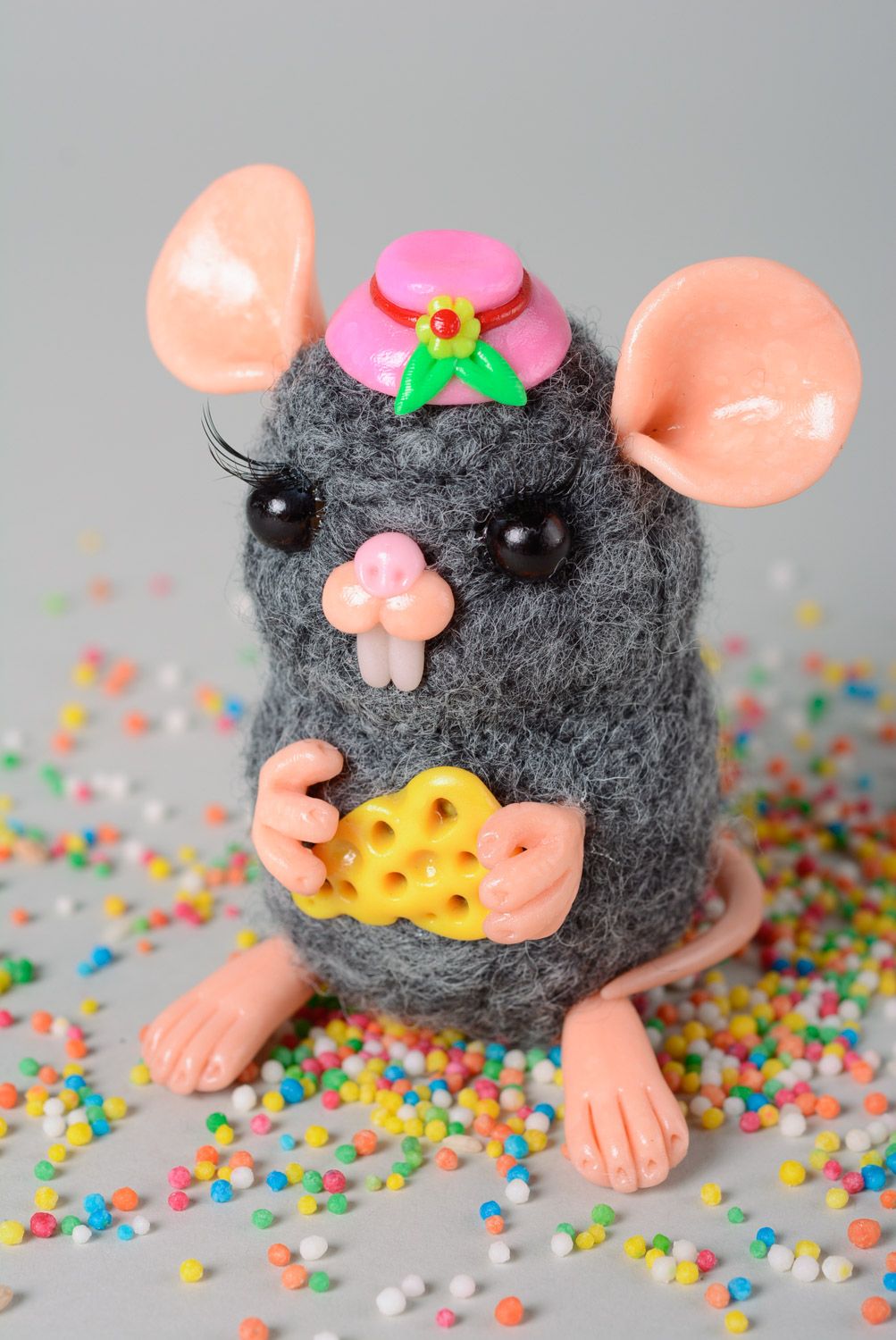 Miniature handmade felted woolen toy with polymer clay elements Mouse home decor photo 1
