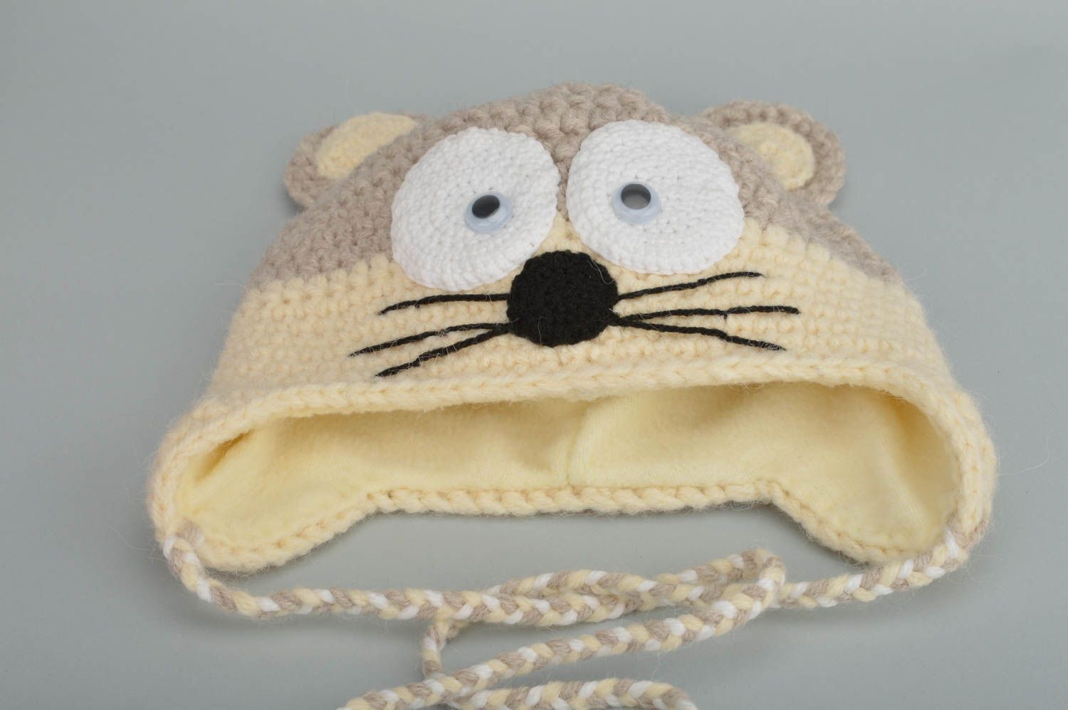 Детская шапка-мышка крючком с подкладкой из хлопка и шерсти ручная работы фото 2