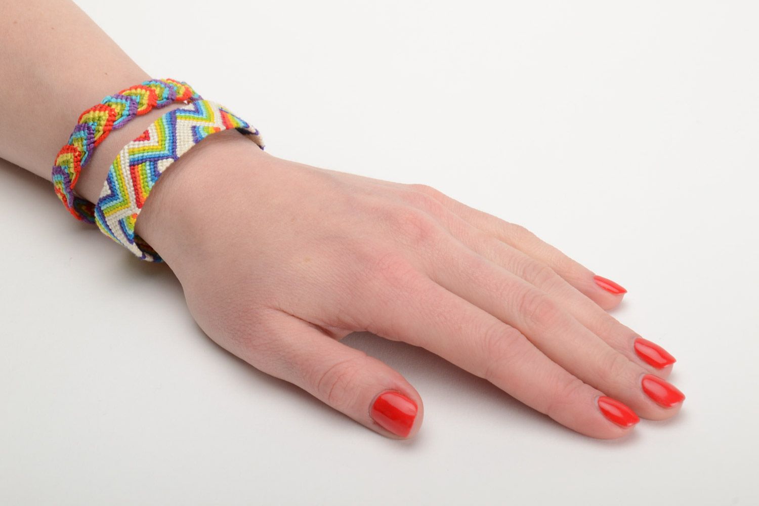 Set of 2 handmade friendship wrist bracelets woven of colorful embroidery floss photo 5