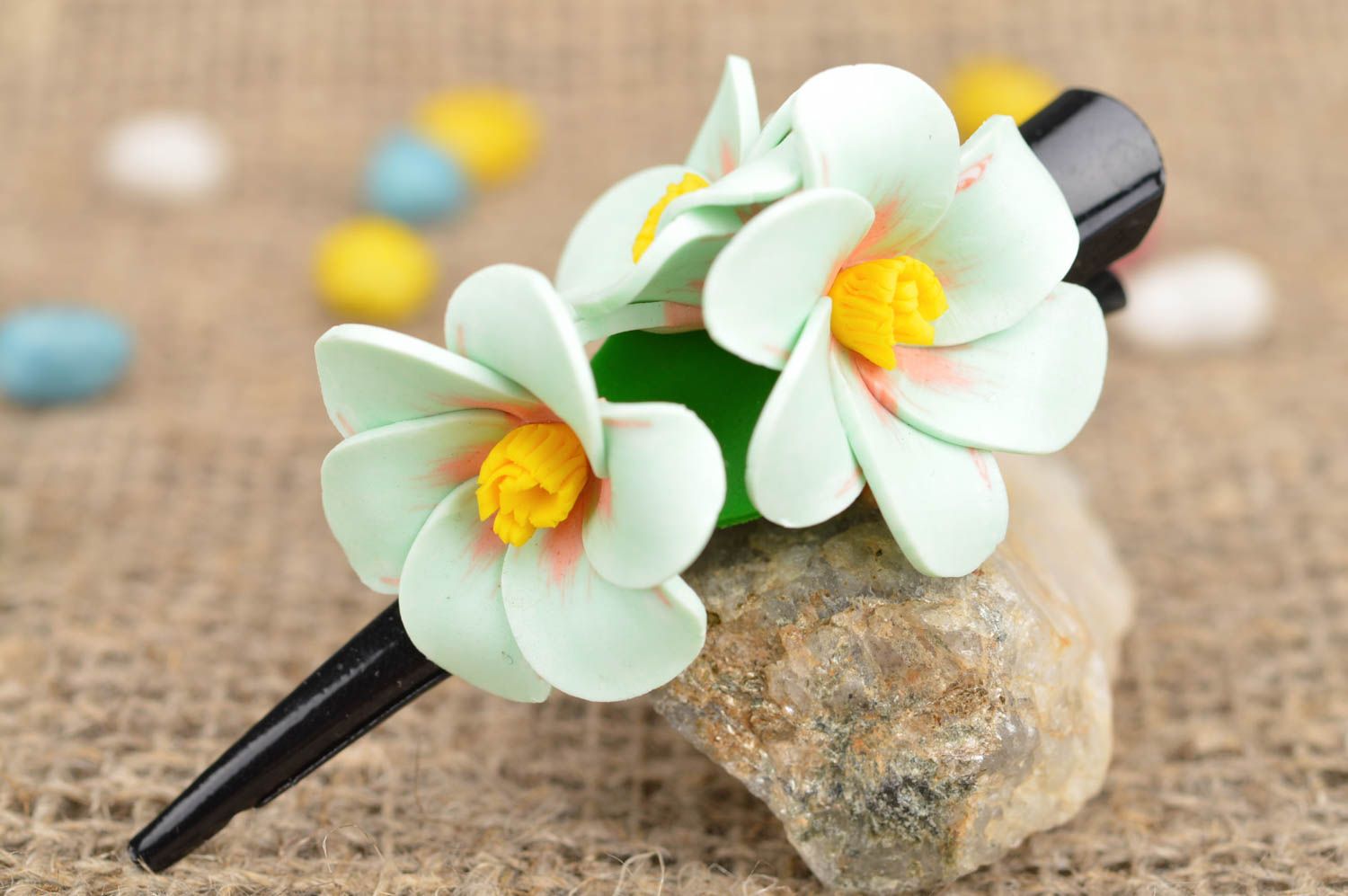 Handmade cute hair clip with flowers made of polymer clay White flowers photo 1