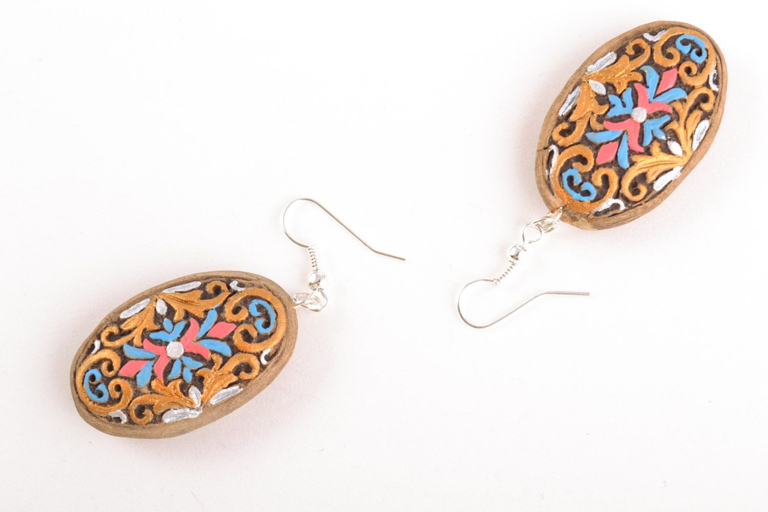 Homemade oval ceramic dangling earrings with ornament painted with acrylics photo 5