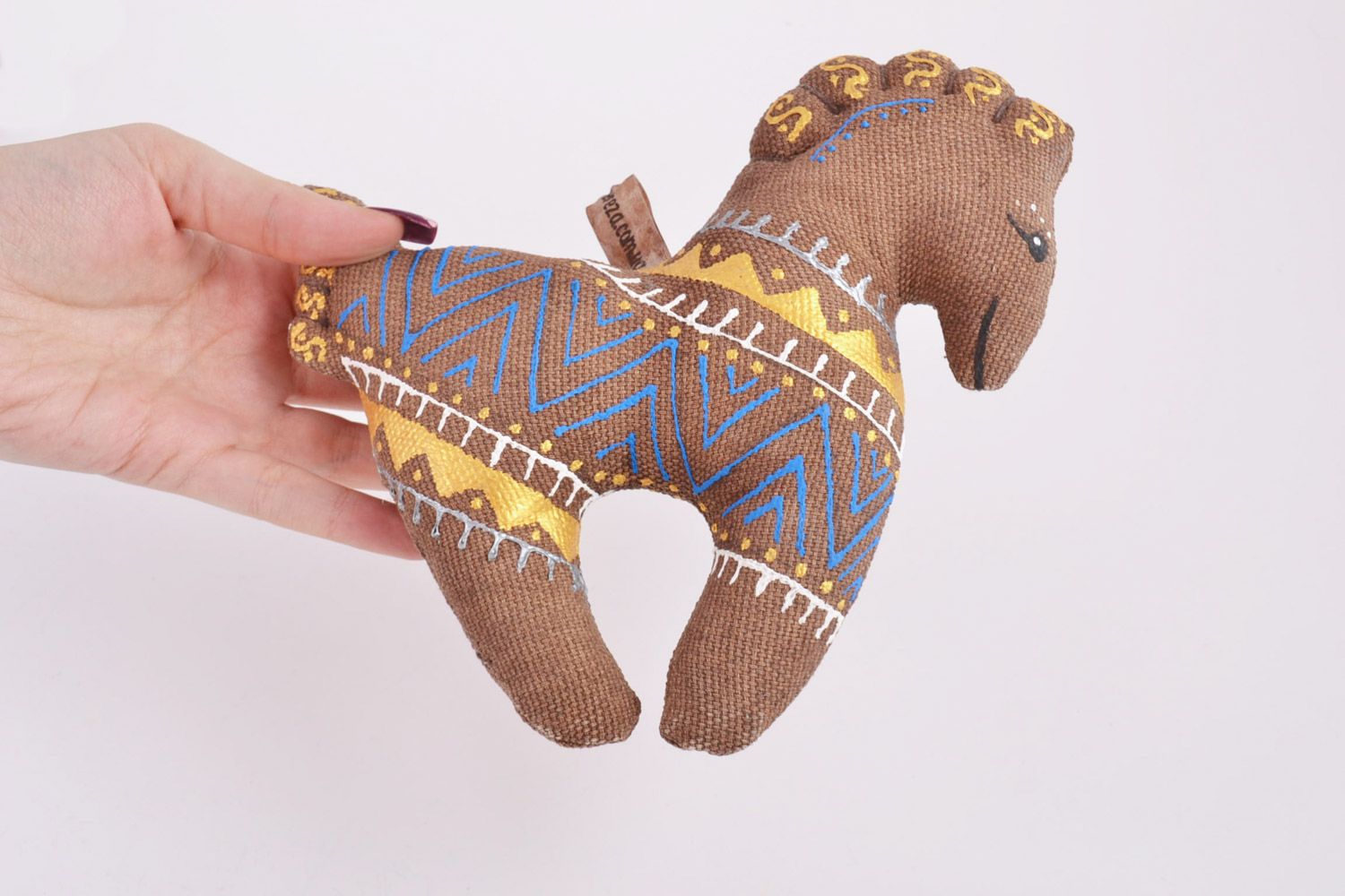 Handmade small soft toy horse sewn of brown fabric with painted ornaments photo 4