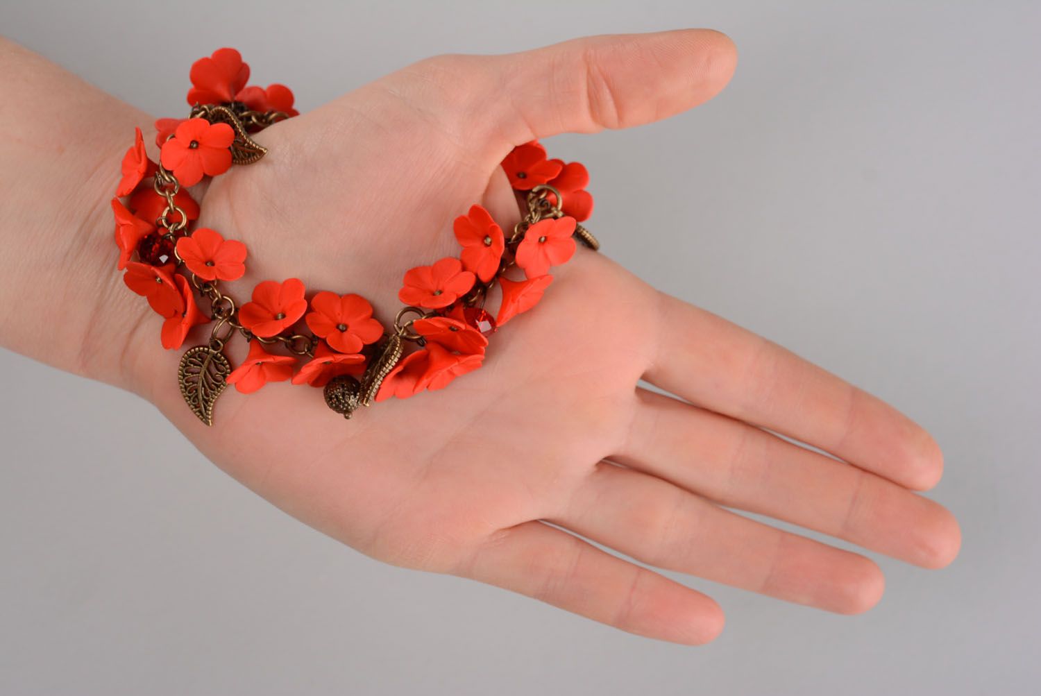 Handmade polymer clay bracelet Red Flowers photo 2