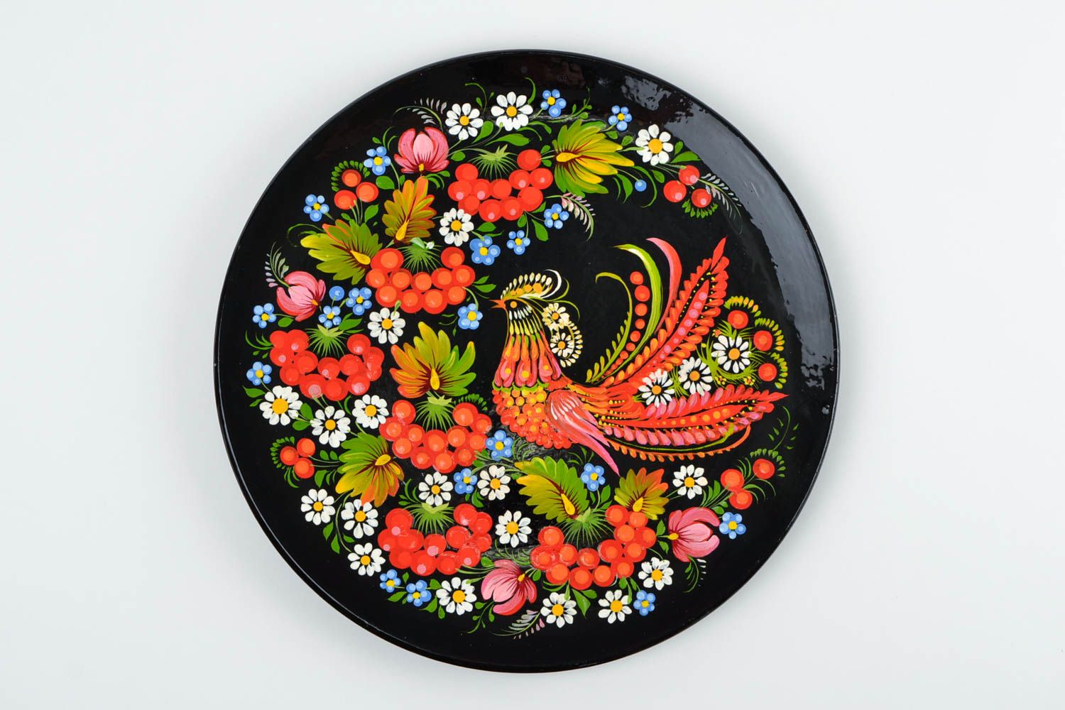 Designer wooden plate handmade Petrykivka painting interior decoration wall dish photo 1
