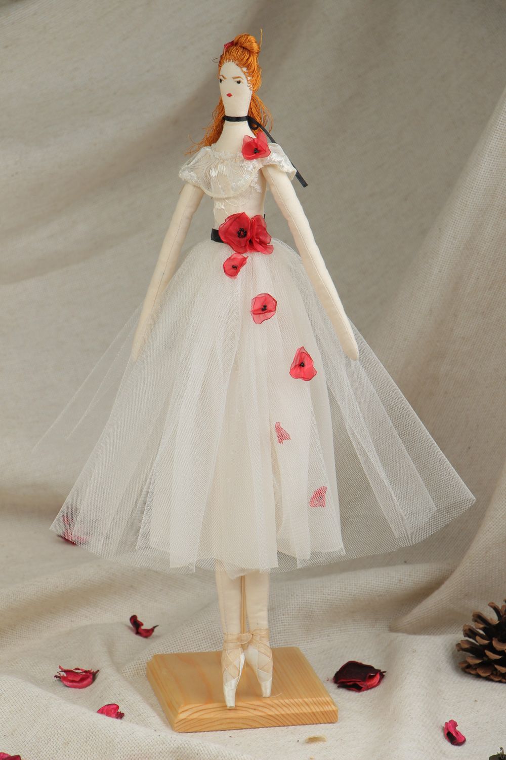 Handmade designer soft doll sewn of linen and guipure fabrics Ballerina photo 5