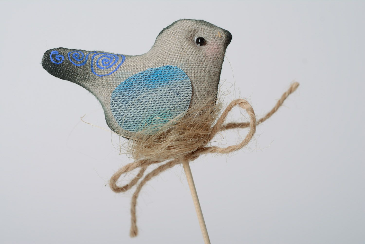Handmade gray linen textile bird on stick for flowerpot photo 2