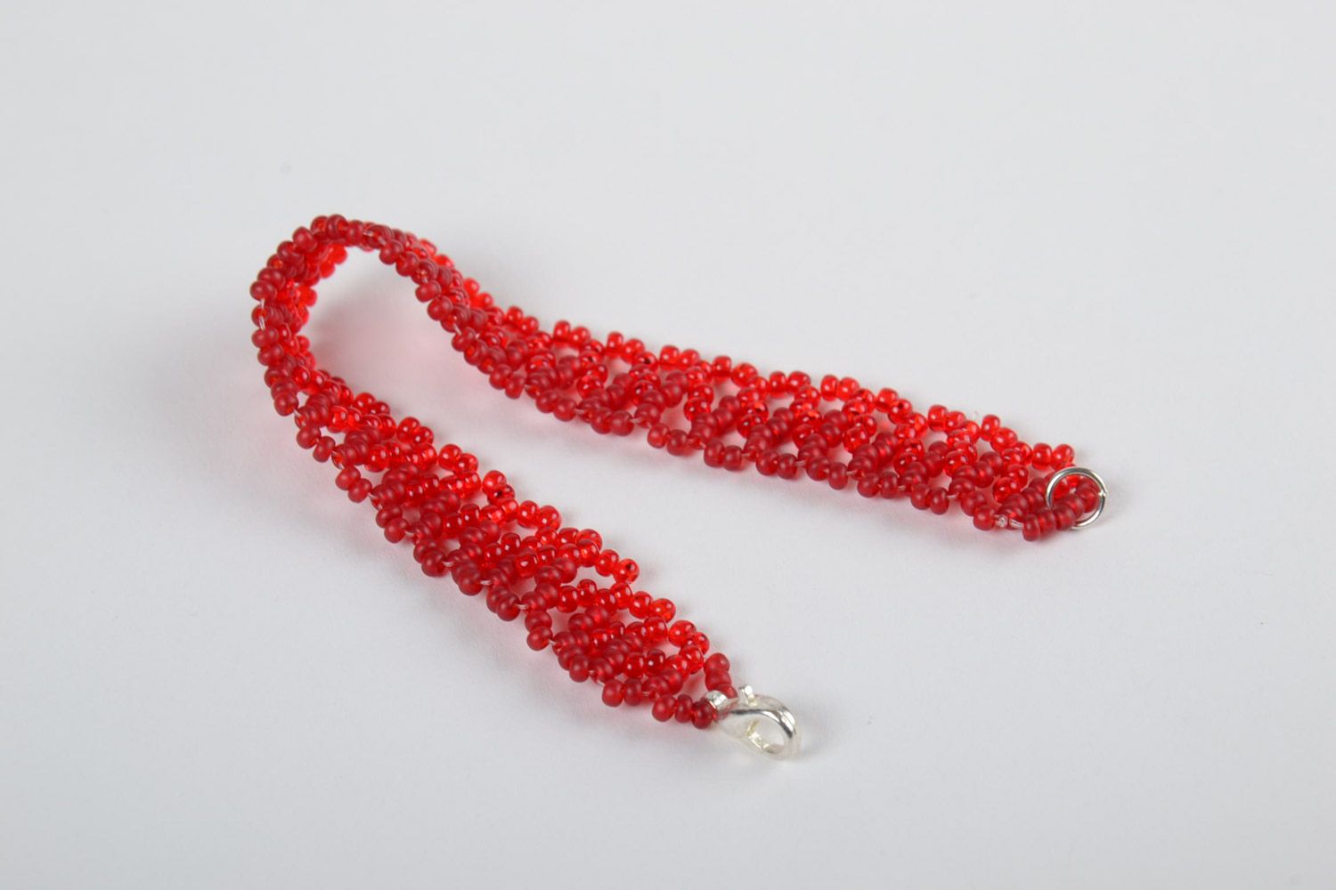 Handmade braided beaded openwork bracelet of red color present for girl photo 4